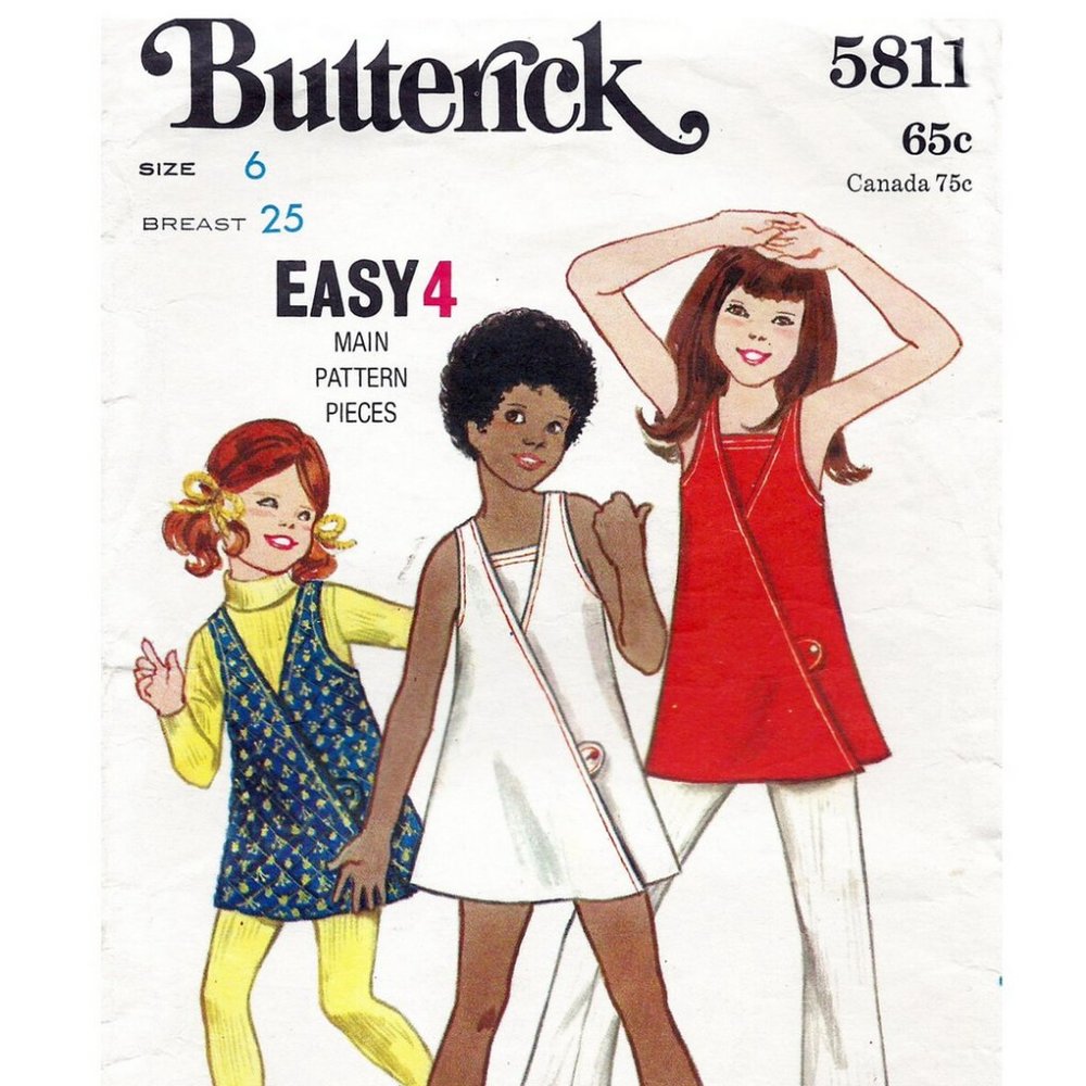 Girls Wrap Dress Pattern, 70s Vintage Sewing, Butterick 5811, Bell Bottom Pants